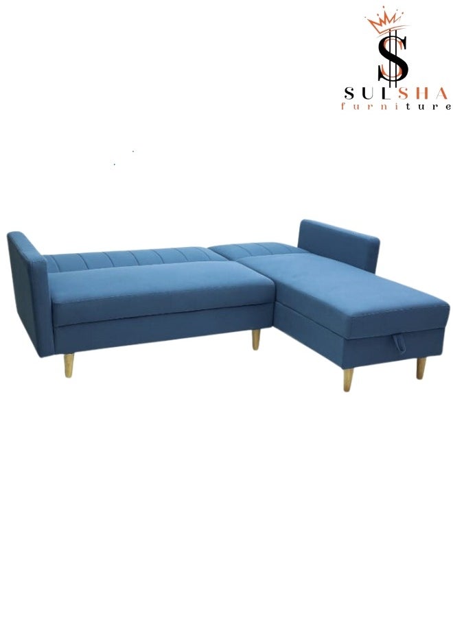 SULSHA - Sulsha New High Quality L Shape Corner Sofa Blue Color, Lounge Area Sofa, Sofa Bed With Chaise Fabric With Wooden Legs - Image 1
