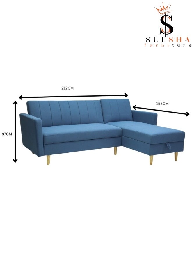 SULSHA - Sulsha New High Quality L Shape Corner Sofa Blue Color, Lounge Area Sofa, Sofa Bed With Chaise Fabric With Wooden Legs - Image 1