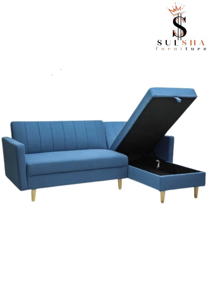 SULSHA - Sulsha New High Quality L Shape Corner Sofa Blue Color, Lounge Area Sofa, Sofa Bed With Chaise Fabric With Wooden Legs - Image 1