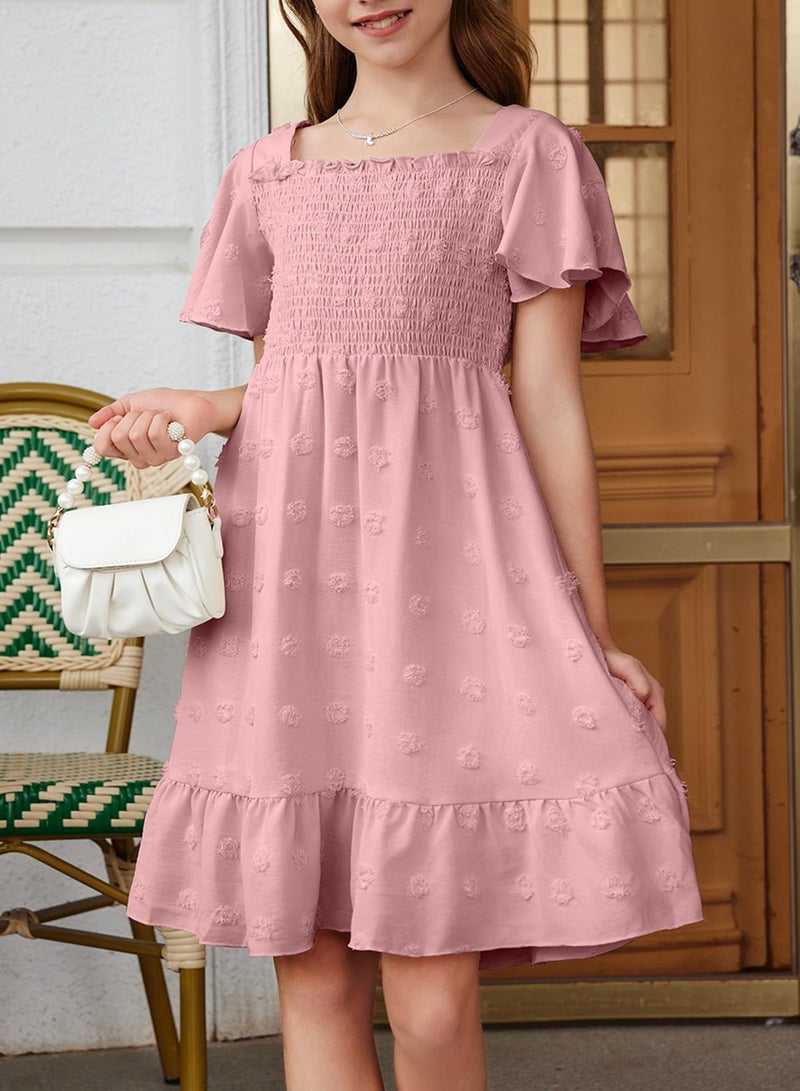 blibean Tween Girls Spring Dress Teen Girl Chiffon Flower Boho Dresses Big Kids Bell Short Sleeve Formal Clothes Tulle Swiss Dots Easter Vestidos NiÃ±as Size 14 15 16 Years Old Dusty Pink - Image 5