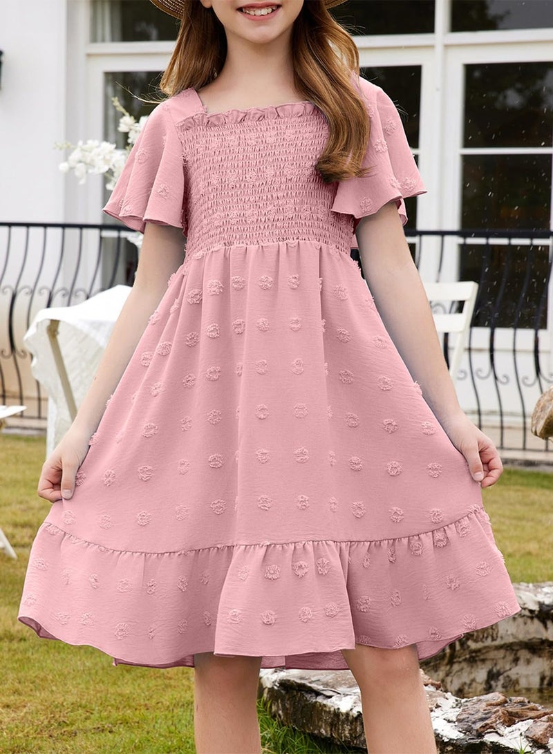 blibean Tween Girls Spring Dress Teen Girl Chiffon Flower Boho Dresses Big Kids Bell Short Sleeve Formal Clothes Tulle Swiss Dots Easter Vestidos NiÃ±as Size 14 15 16 Years Old Dusty Pink - Image 2