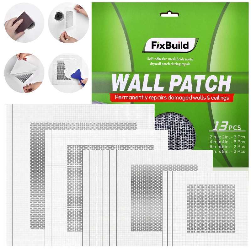 FixBuild Drywall Repair Kit, 13 Piece Aluminum Wall Repair Patch Kit, 2/4/6/8 inch Aluminum Drywall Patch, Quick Fix Plaster - Image 1