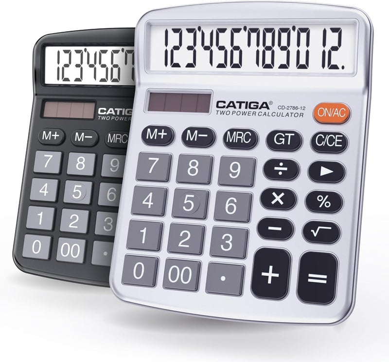 CATIGA Desktop Calculator (2 Pack) 12 Digit with Large LCD Display and Sensitive Button, Solar and Battery Dual Power, Standard Function for Office, Home, School, CD-2786 (Black/Silver) - Image 1