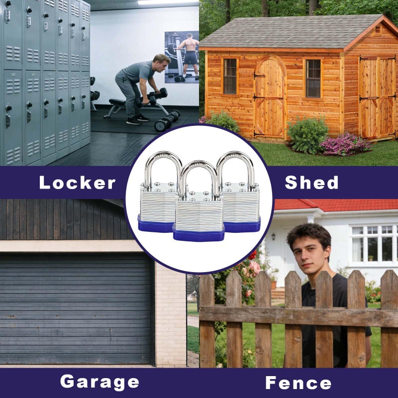SEPOXÂ® Trinity Keyed-Alike Padlocks Outdoor, Reinforced Laminated Steel Body Heavy-Duty 1-9/16" 40MM, Uncuttable Standard Shackle, 3-Pcs-Lock, 6-Pcs Same Keys, for Gym Locker, Toolbox, Shed, Storage - Image 5