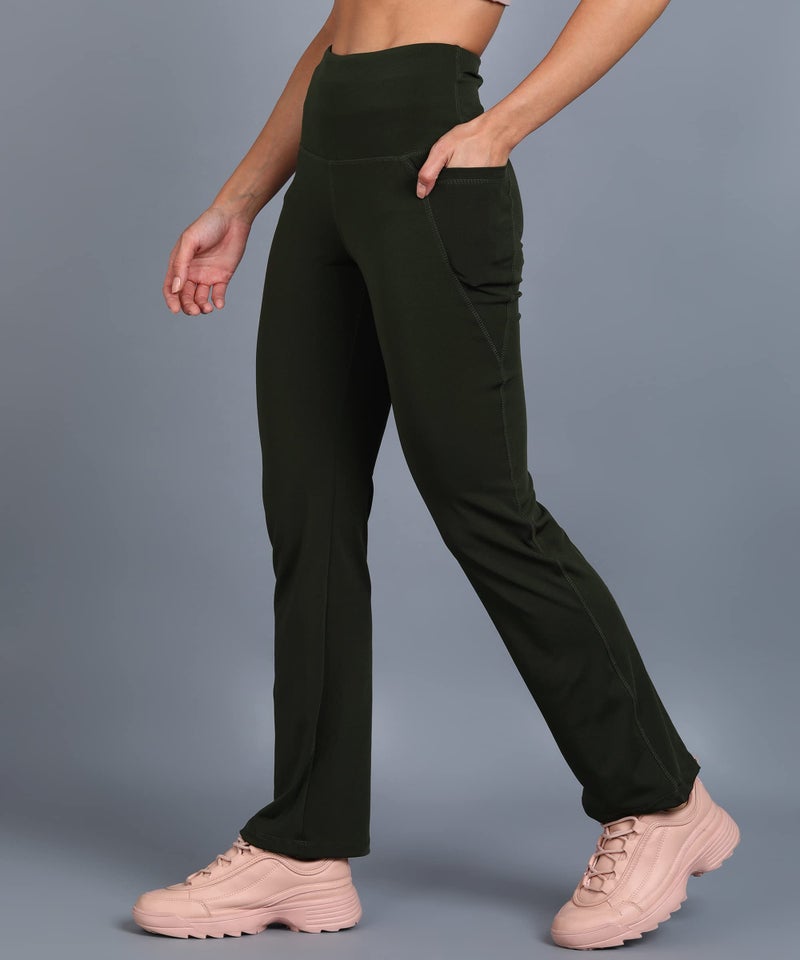 Rock Paper Scissors Premium Flare Gym Pants High Waist Stretchable Flared Leggings with Pockets Gym Wear/Active Wear Tights Yoga Pants Zumba/Dance Womens Workout Tights Army Green - Image 4