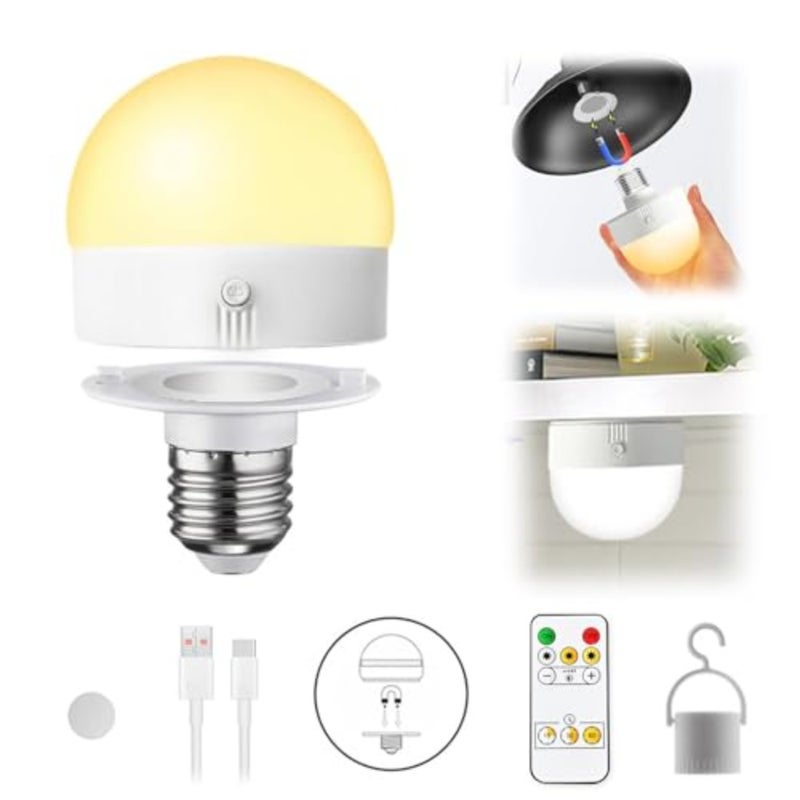 E27 Rechargeable Light, Wireless Cordless Charging Bulbs with Remote Control, Rechargeable Bulbs for Lamps, Dimmable, 3 Color Temperature, Timer, Detachable Charging - Image 1