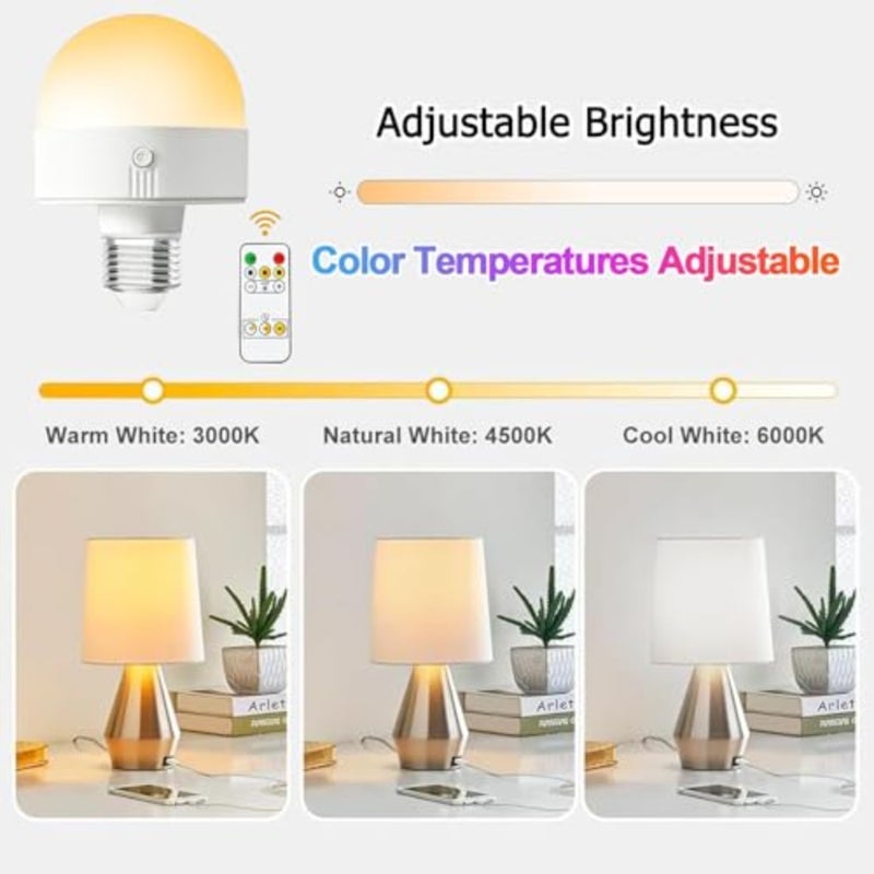 E27 Rechargeable Light, Wireless Cordless Charging Bulbs with Remote Control, Rechargeable Bulbs for Lamps, Dimmable, 3 Color Temperature, Timer, Detachable Charging - Image 4