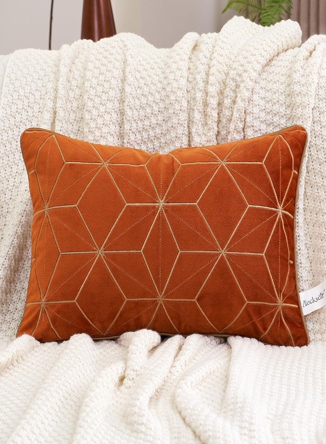 Aeckself 12 x 20 Inch Orange Gold Plaid Geometric Stripes Embroidery Velvet Cushion Case Luxury Modern Rectangle Decorative Throw Pillow Cover Pillowcase for Couch Living Room Bedroom Car - Image 1