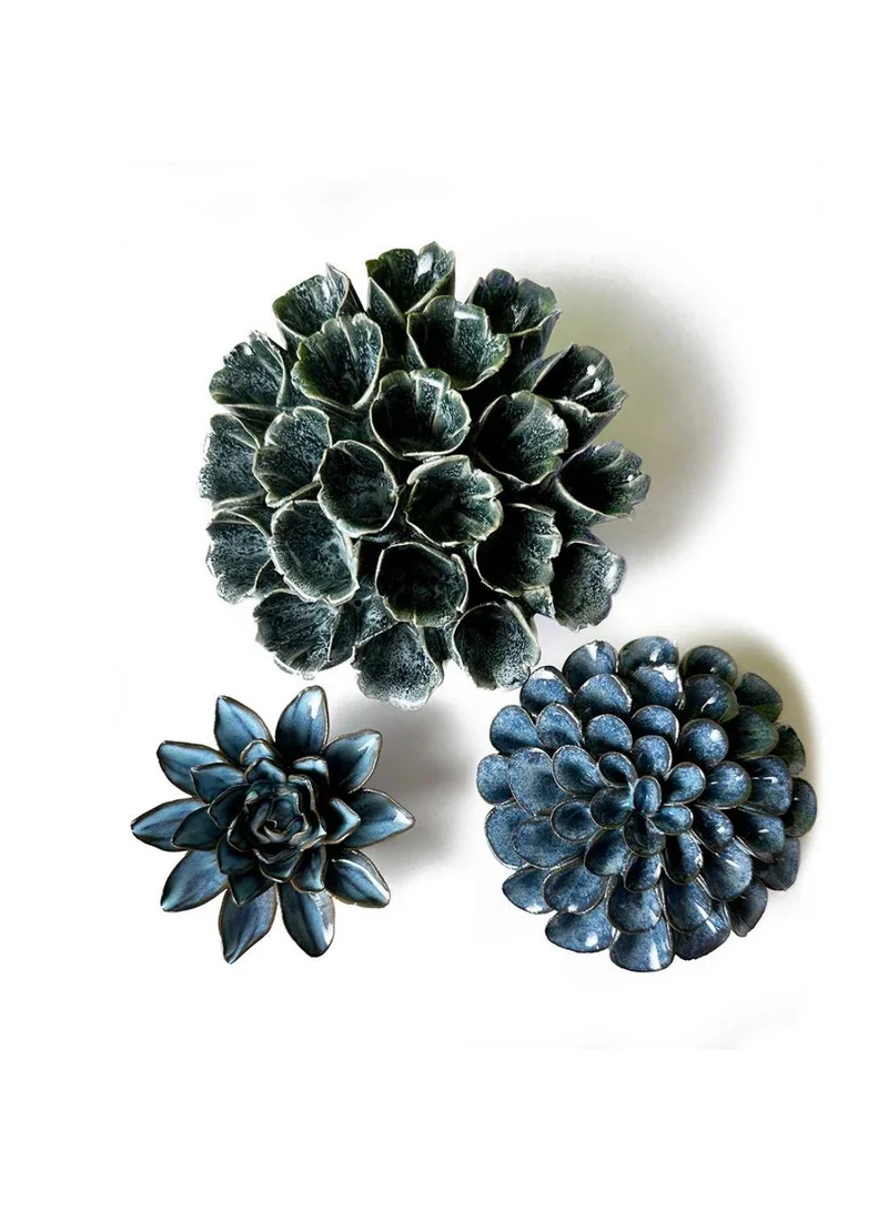 The Saffron Souk Bloom Box Ceramic Flower Wall Art Trio – 3-Piece Glazed Floral Wall Décor
