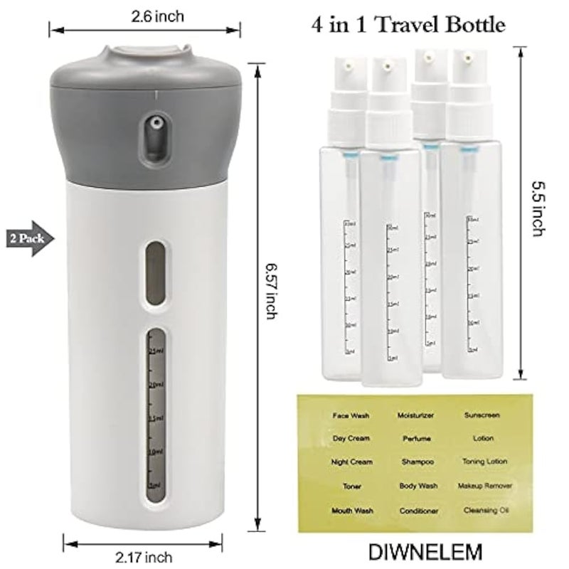 Dionlem 4 in 1 Travel Bottle Dispenser, Gel Shampoo Lotion Set Leak Proof Travel Toiletries Bottles for Sanitizer, Soap, Lotion, Skincare, Makeup (2-Pack) - Image 2