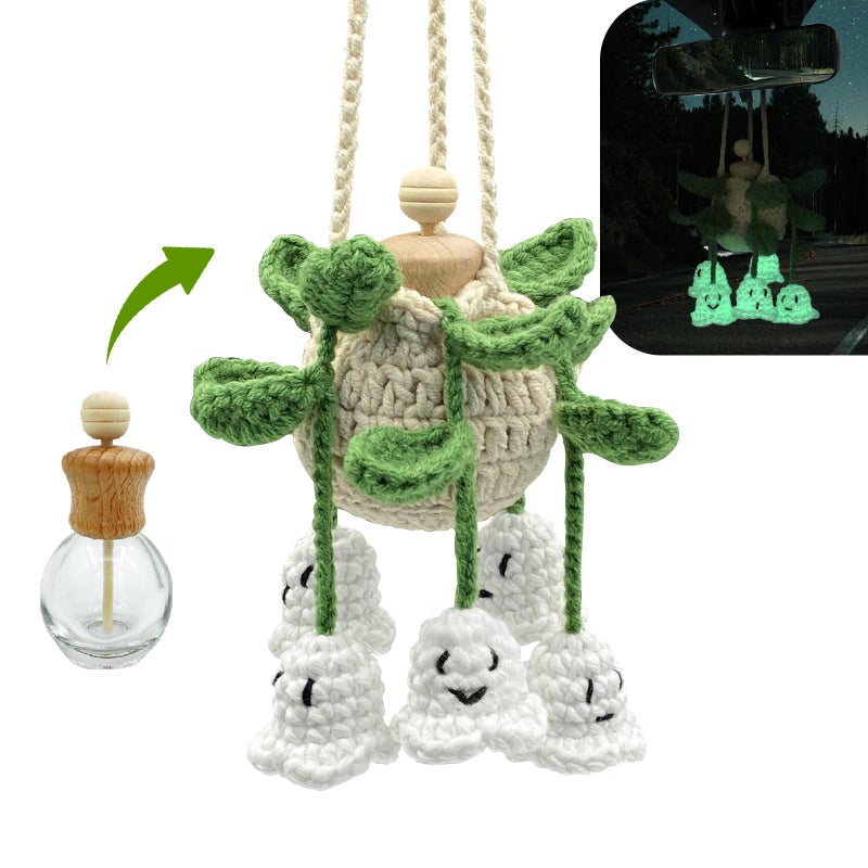 SGIBYN Crochet Glowing Ghost Car Air Freshener, Halloween Car Decor, 15ml Refillable Oil Diffuser Bottle with Hanging Crochet Decor for Car Rearview Mirror, Handmade Halloween Gifts - Image 1