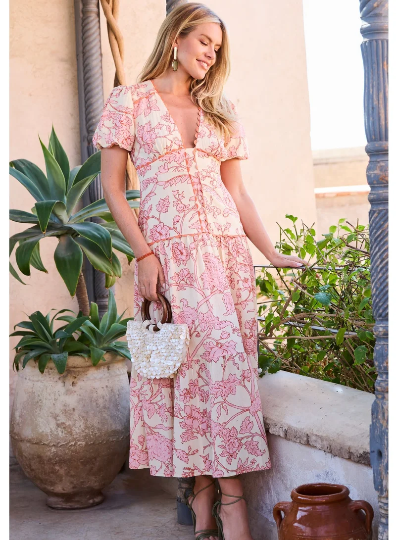 Hope & Ivy  Printed Puff Sleeve V-Neck Tiered Midi Dress for Women | Best Price UAE