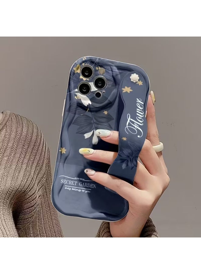 Temu Blue silicone phone case with a hand strap and gold flower and star print, shockproof and scratch-resistant, compatible with iPhone 14 Pro - Image 1