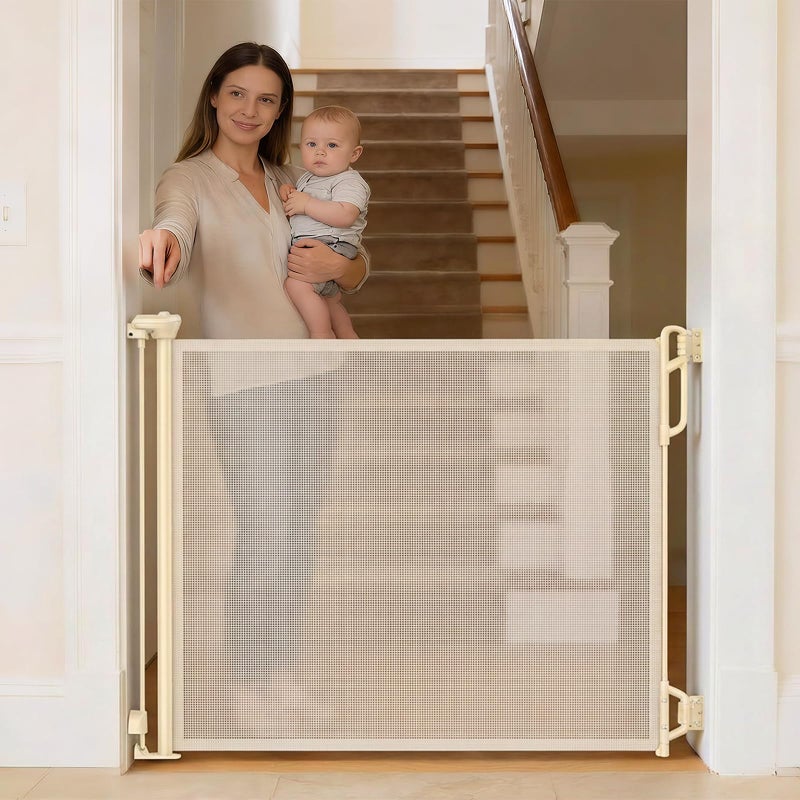 SPACEANY Retractable Safety Baby Gate or Mesh Dog Gate,Durable Portable Mesh Retractable Gate,Easy to Use for Stairs, Doorways, Hallways, Indoor, Outdoor, 33.5" Tall, Up to 45" Wide, Cream - Image 1