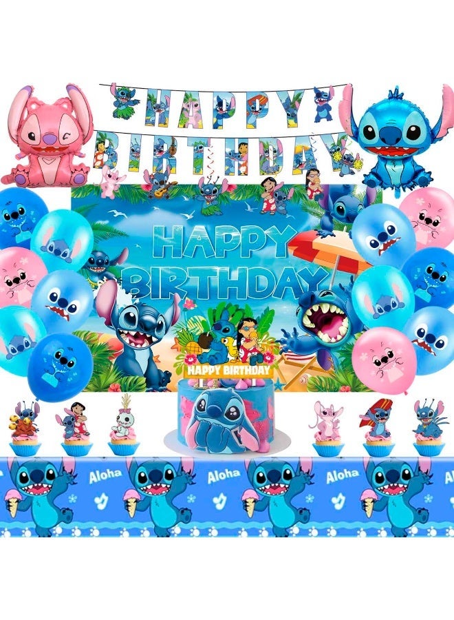 FRUITFUL PARTY Stitch Birthday Party Decorations Set, Stitch Themed Birthday Banner Backdrop Tablecloth Stitch Balloons Cake Topper - Image 1
