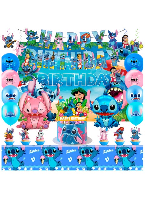 Stitch Birthday Party Decorations Set, Stitch Themed Birthday Banner Backdrop Tablecloth Stitch Balloons Cake Topper