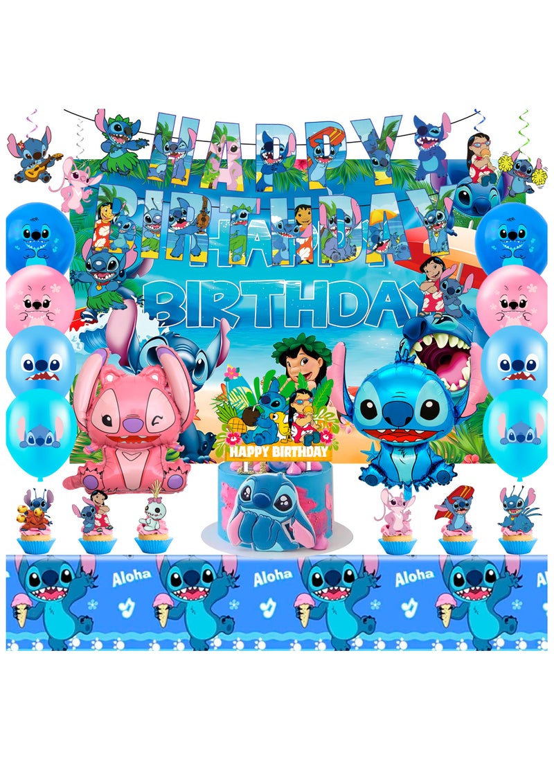Stitch Birthday Party Decorations Set, Stitch Themed Birthday Banner Backdrop Tablecloth Stitch Balloons Cake Topper