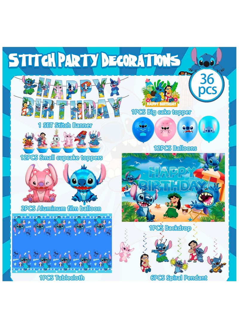 Stitch Birthday Party Decorations Set, Stitch Themed Birthday Banner Backdrop Tablecloth Stitch Balloons Cake Topper