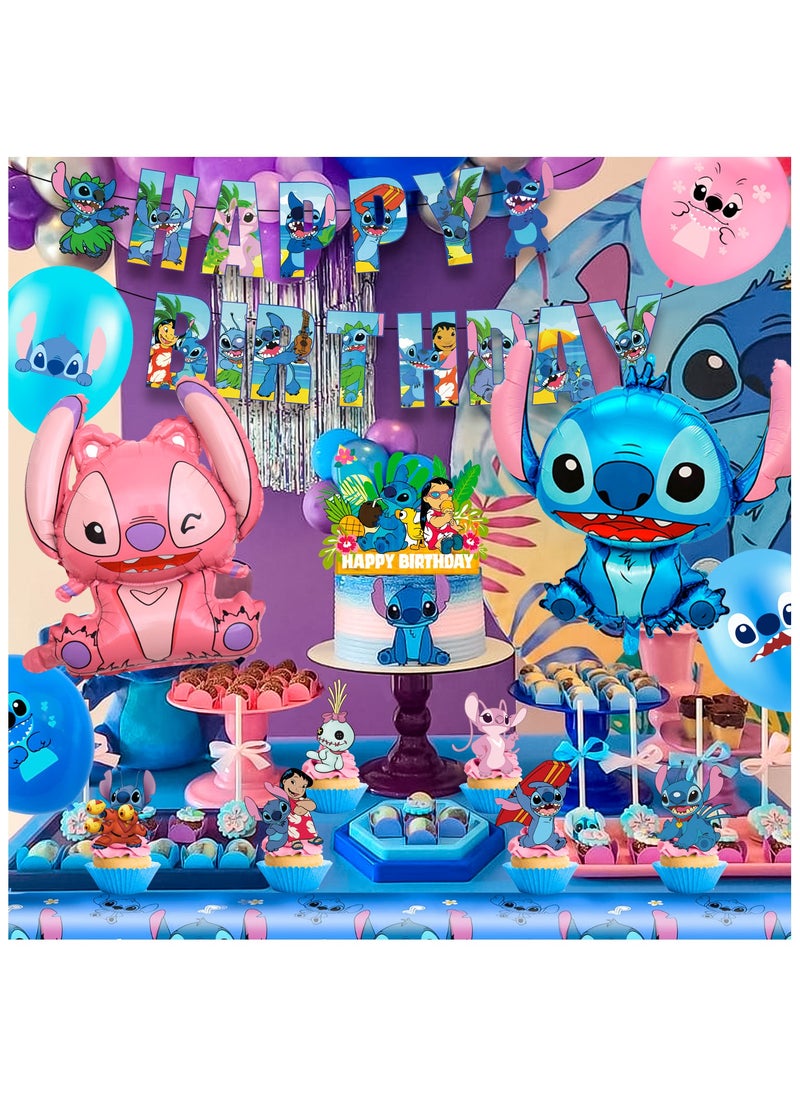 Stitch Birthday Party Decorations Set, Stitch Themed Birthday Banner Backdrop Tablecloth Stitch Balloons Cake Topper