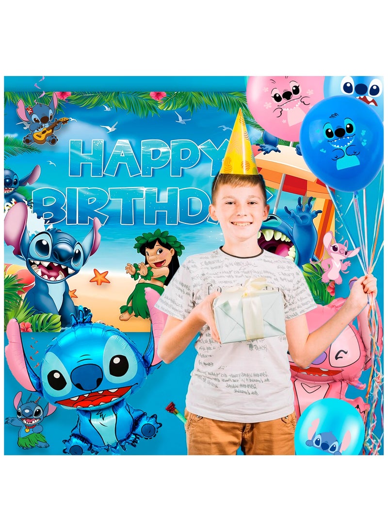 Stitch Birthday Party Decorations Set, Stitch Themed Birthday Banner Backdrop Tablecloth Stitch Balloons Cake Topper
