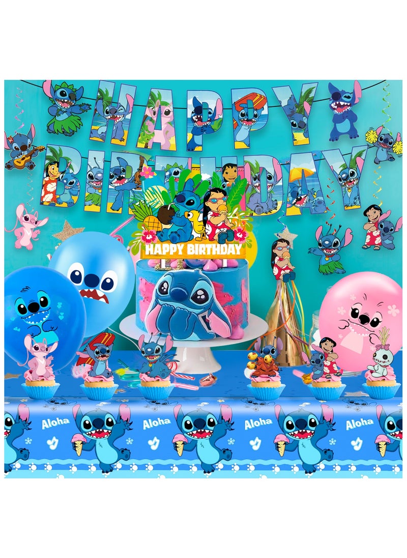 Stitch Birthday Party Decorations Set, Stitch Themed Birthday Banner Backdrop Tablecloth Stitch Balloons Cake Topper