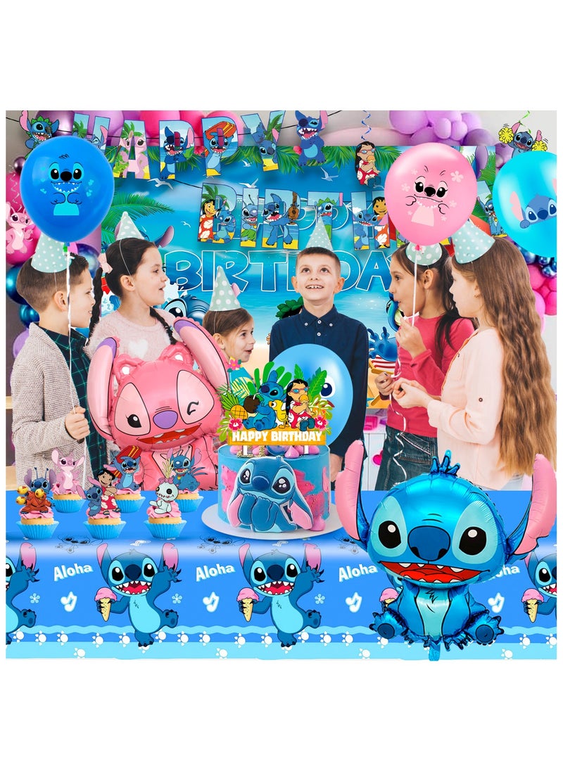 Stitch Birthday Party Decorations Set, Stitch Themed Birthday Banner Backdrop Tablecloth Stitch Balloons Cake Topper