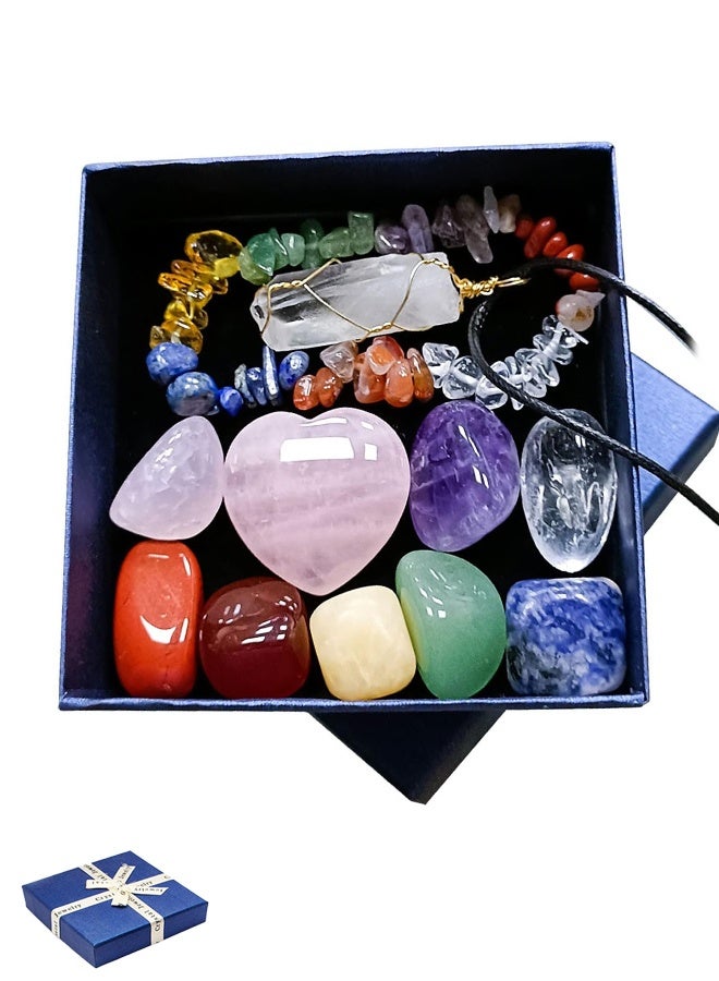 GIFT Healing Crystals Set, 11Pcs Natural Energy Gemstones Beginners Tumbled Chakra Crystal Raw Stone Spiritual Necklaces Bracelet Amethyst Rose Quartz Gravel Pendant Pack for Reiki, Yoga, Meditation - Image 1