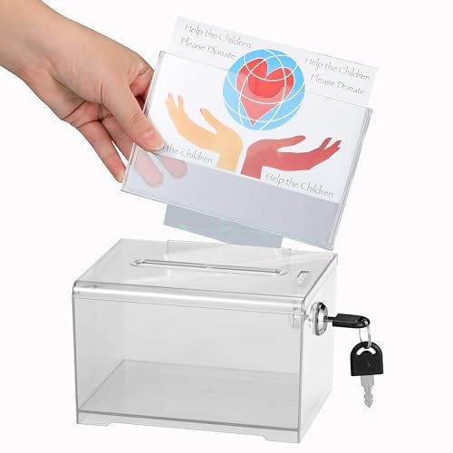 AdirOffice Adir Suggestion Box with Slot and Lock – Acrylic Donation Box for Fundraising, Drawing Box for Raffle, Funraiser Box, Tip Box with Lock - 6.25x4.5x 4 Inches voting box with slot and Sign Holder - Image 1