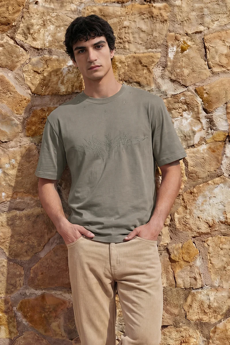 سنيتش Olive Embroidered Half Sleeve Oversized Streetwear T-Shirt