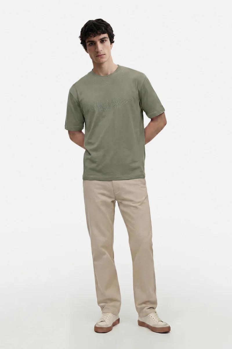سنيتش Olive Embroidered Half Sleeve Oversized Streetwear T-Shirt