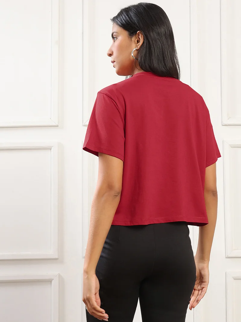 globus Globus Women Red Round Neck Short Sleeves Graphic Print Boxy Fit T-Shirt