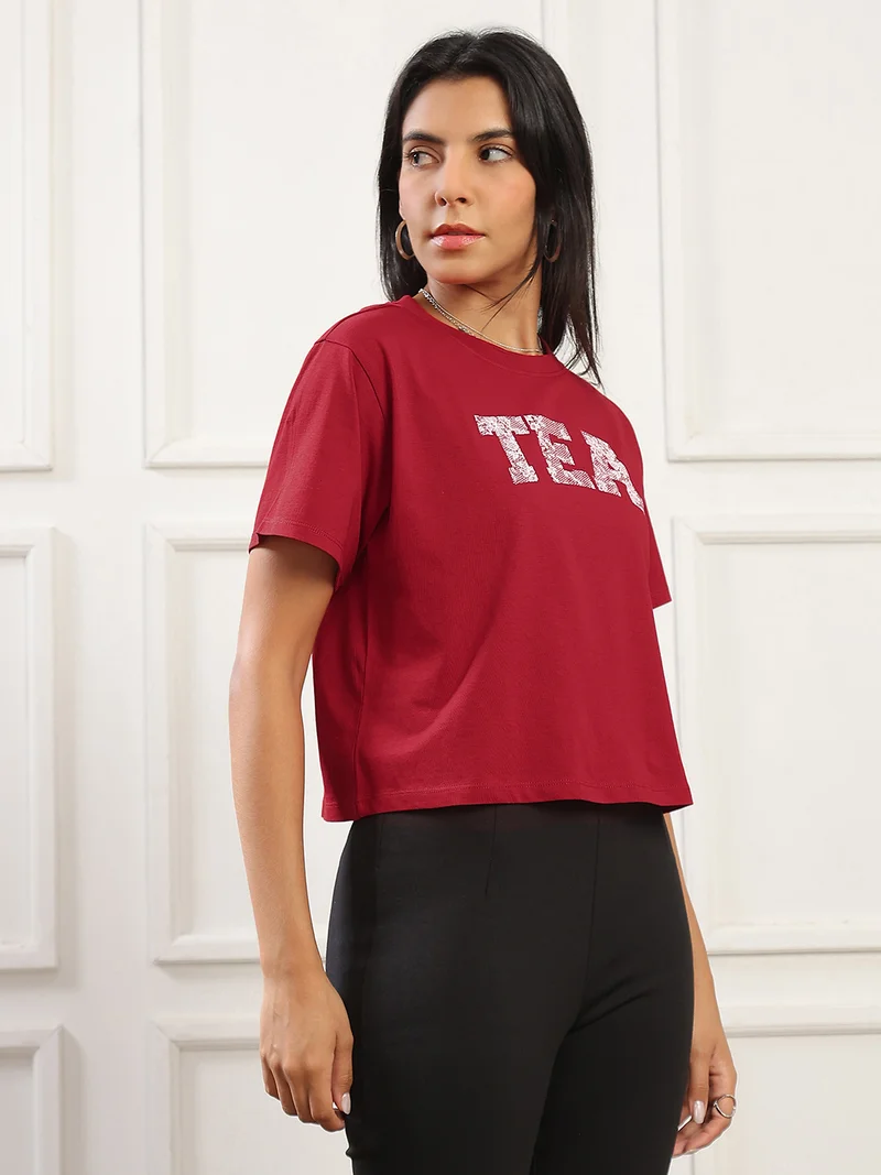 globus Globus Women Red Round Neck Short Sleeves Graphic Print Boxy Fit T-Shirt