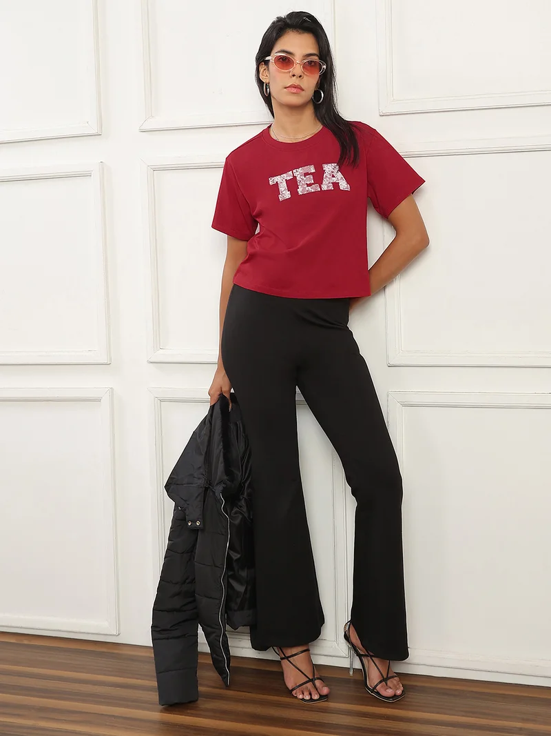 globus Globus Women Red Round Neck Short Sleeves Graphic Print Boxy Fit T-Shirt