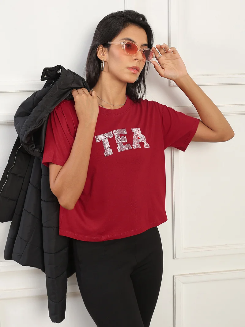 globus Globus Women Red Round Neck Short Sleeves Graphic Print Boxy Fit T-Shirt