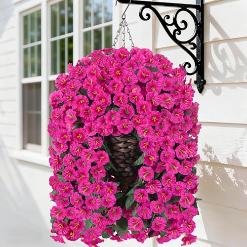HyeFlora Artificial Fake Hanging Flowers Plants Baskets for Outdoor Outside Decoration Faux Silk UV Resistant Realistic Fuchsia Morning Glory Planter for Home Porch Patio Balcony Garden Yard - Image 1