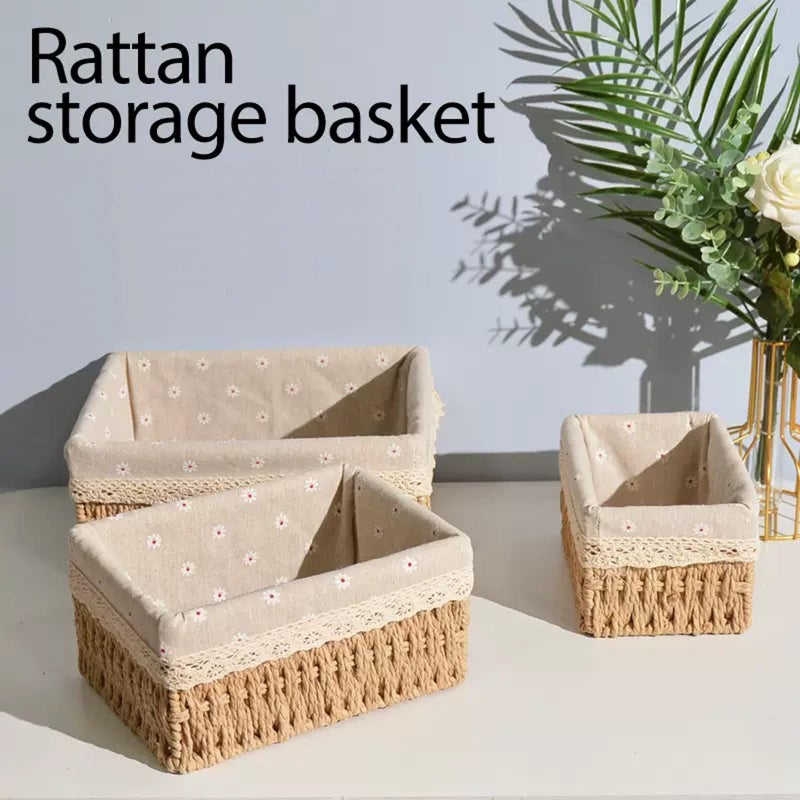Agirlvct Wicker Baskets with Liner for Counter, Natural Paper Rope Rattan Storage Basket,Hand Woven Pantry Table Organizer Bins for Bedroom Living Room School Shelves Office Desk (3 Pack Beige) - Image 2
