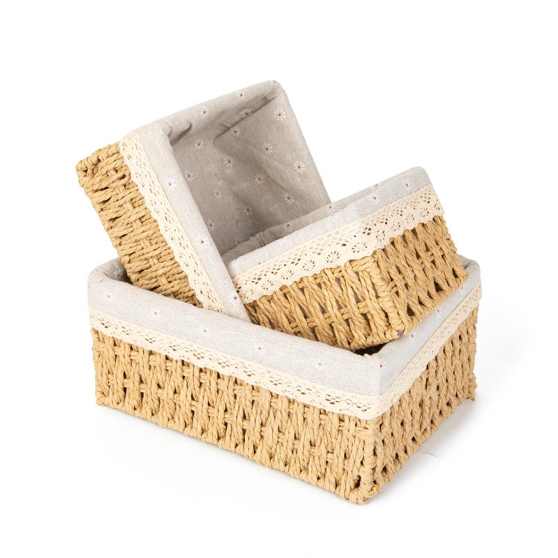 Agirlvct Wicker Baskets with Liner for Counter, Natural Paper Rope Rattan Storage Basket,Hand Woven Pantry Table Organizer Bins for Bedroom Living Room School Shelves Office Desk (3 Pack Beige) - Image 1