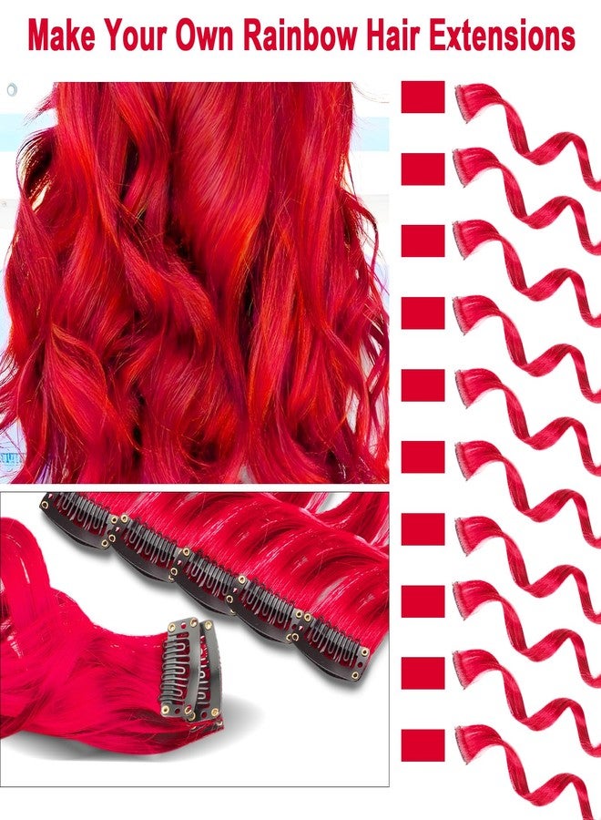 Olldag 10 PCS Red Hair Extensions, Curly Wavy Synthetic Hairpieces Clip in Rainbow Neon Party Highlights, Colorful Hair Accessories for Girls Women 17 inch (Red) - Image 2
