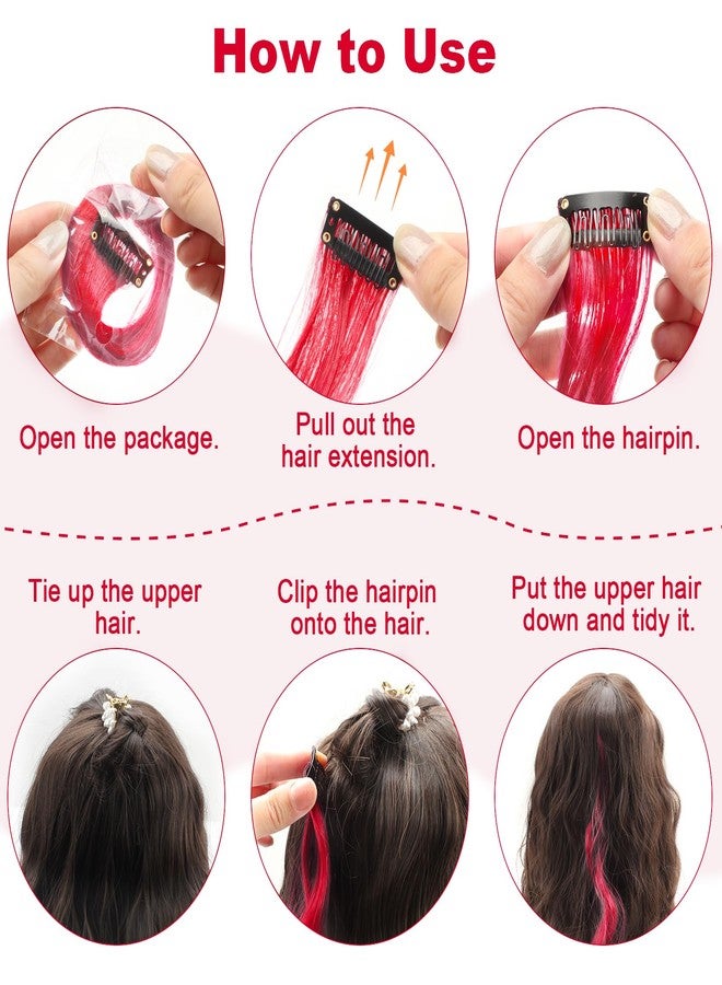 Olldag 10 PCS Red Hair Extensions, Curly Wavy Synthetic Hairpieces Clip in Rainbow Neon Party Highlights, Colorful Hair Accessories for Girls Women 17 inch (Red) - Image 3