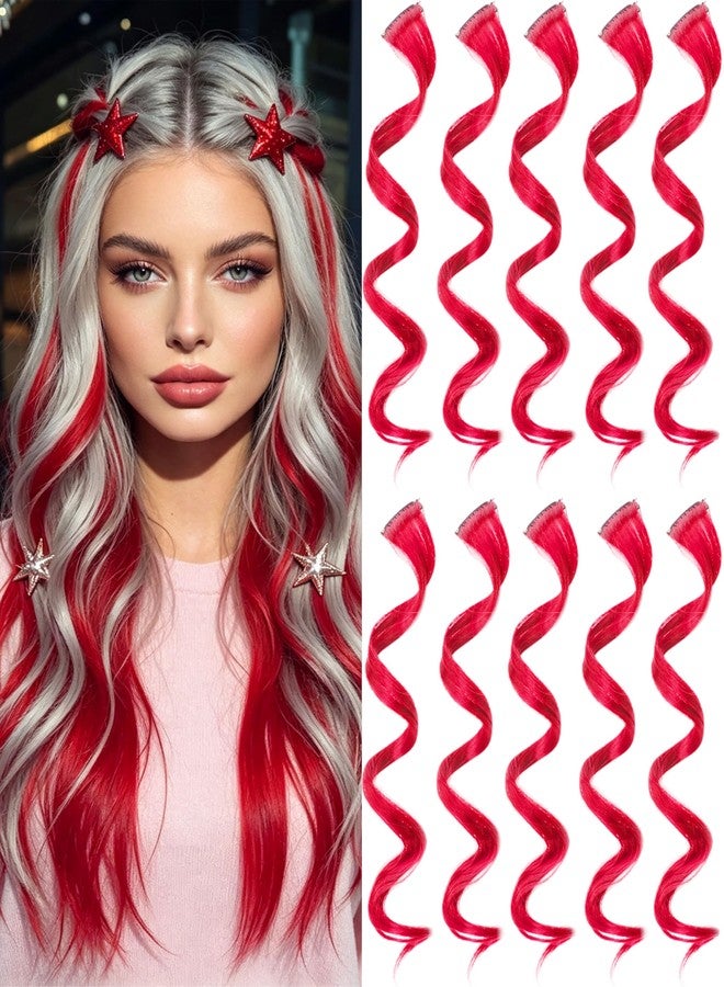 Olldag 10 PCS Red Hair Extensions, Curly Wavy Synthetic Hairpieces Clip in Rainbow Neon Party Highlights, Colorful Hair Accessories for Girls Women 17 inch (Red) - Image 1