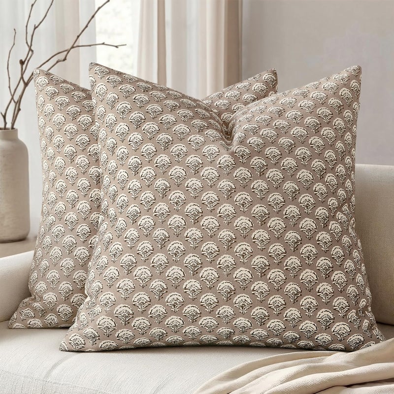 MIULEE Set of 2 Decorative Floral Pillow Covers Neutral Vintage Throw pillows Block Print Boho Farmhouse Cushion Covers for Modern Spring Home Decor Couch Sofa Bed Living Room, 18x18 Inch, Light Taupe - Image 1