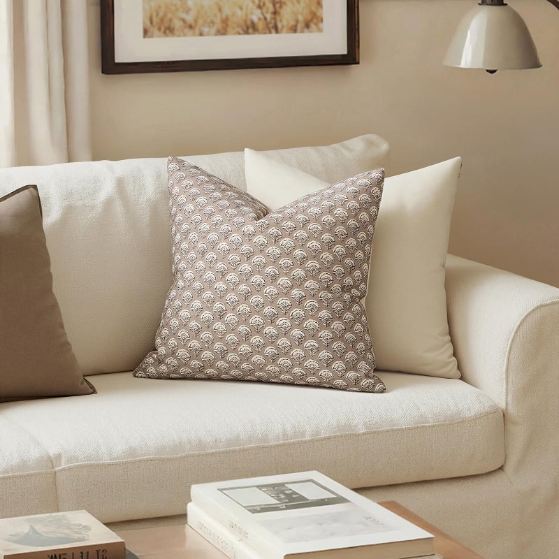MIULEE Set of 2 Decorative Floral Pillow Covers Neutral Vintage Throw pillows Block Print Boho Farmhouse Cushion Covers for Modern Spring Home Decor Couch Sofa Bed Living Room, 18x18 Inch, Light Taupe - Image 2