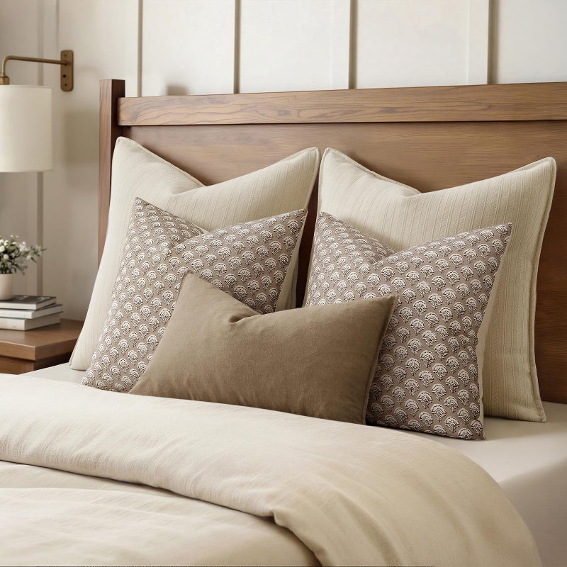 MIULEE Set of 2 Decorative Floral Pillow Covers Neutral Vintage Throw pillows Block Print Boho Farmhouse Cushion Covers for Modern Spring Home Decor Couch Sofa Bed Living Room, 18x18 Inch, Light Taupe - Image 5
