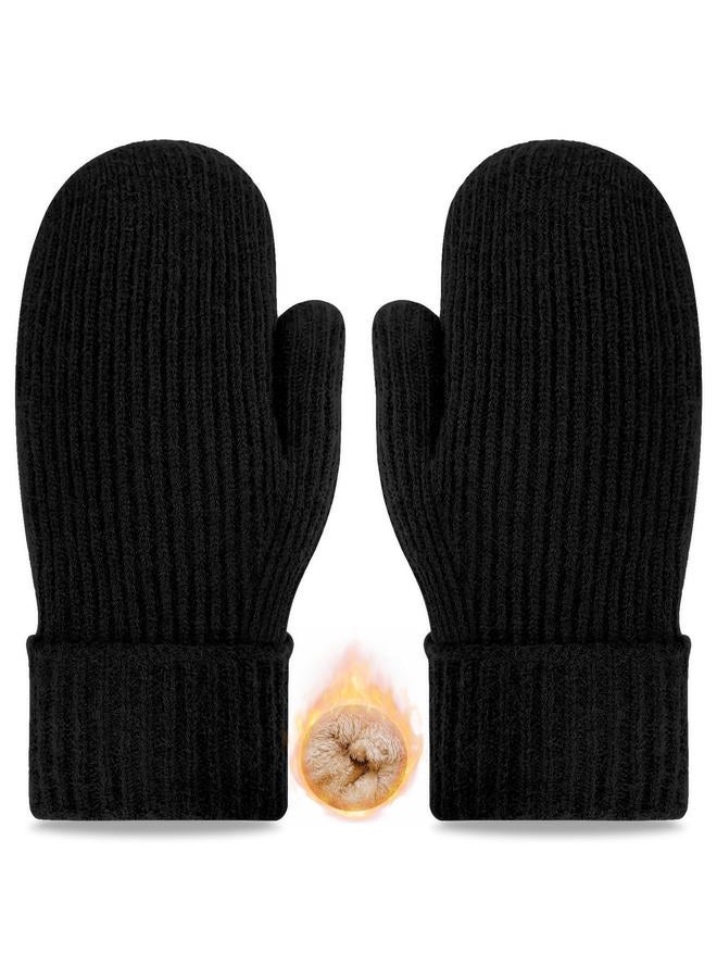 Woogwin Winter Gloves for Men Warm Thick Thermal Fleece Stretchy Knit Womens Wool Mittens for Cold Weather Folding Cuffs, Black, L - Image 1