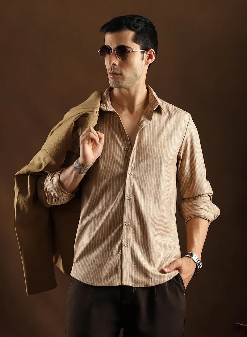 Campus Sutra Men's Sand Beige Rhythm-Weave Shirt