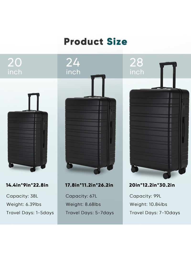OHAHO Luggage Set 3-Piece Carry On Luggage ABS Material Hard Shell Suitcase with Wheels TSA Lock Scalable Trolley Luggage Bag 20/24/28 Inch （Black）  - Image 2