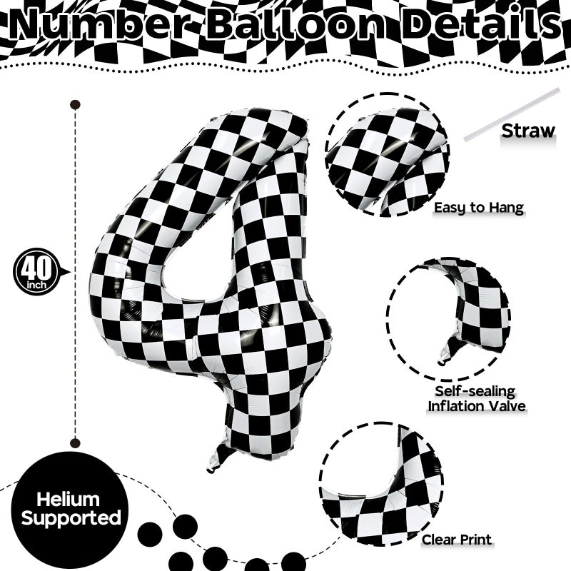 Isndare Large Foil Number 4 Balloons, 40 Inch Black and White Checkered 4 Balloon for Boys, Helium Self Inflating Checkered Racing 4 Balloons for Kids Girl 4th Birthday Race Car Flag Party Decoration Supplies - Image 2