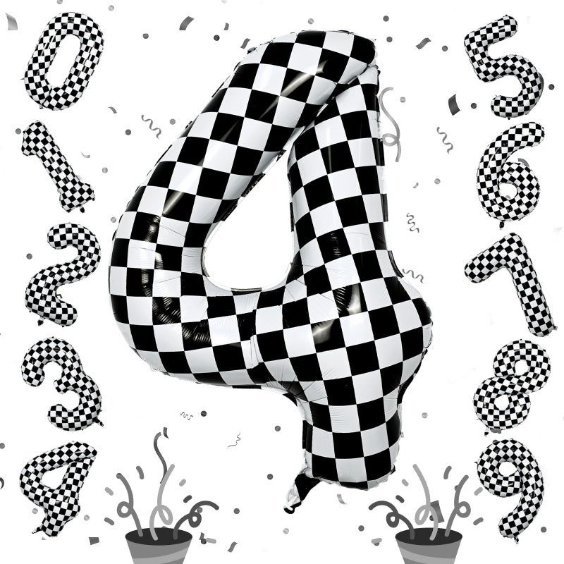 Isndare Large Foil Number 4 Balloons, 40 Inch Black and White Checkered 4 Balloon for Boys, Helium Self Inflating Checkered Racing 4 Balloons for Kids Girl 4th Birthday Race Car Flag Party Decoration Supplies - Image 1
