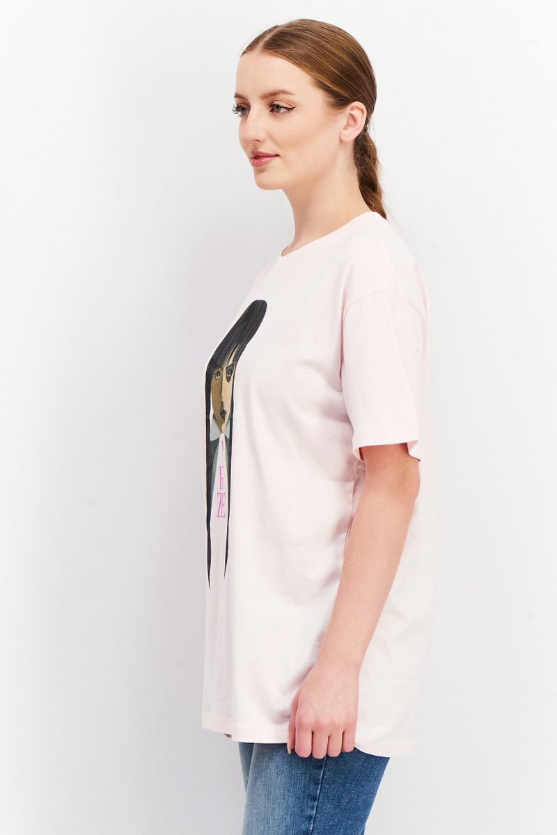 Tee and Charles Addams Foundation Women Crew Neck Short Sleeve Graphic Print Top, Pink - Image 2