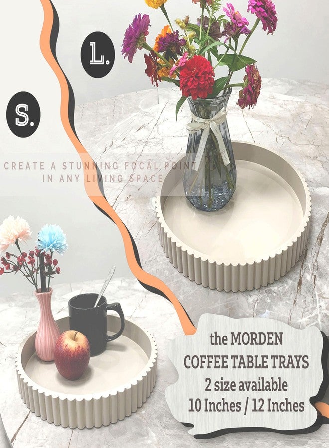 Buecasa Modern Table Round Decorative Trays 2pcs Home Decor - Circle Coffee Table Centerpiece Set 12"/10" - Warm Grey Concrete Tray with Fluted Edge - Image 5